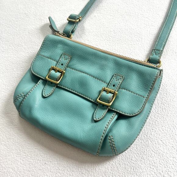 Fossil Tate Zip Top Teal Turquoise Blue Pebble Leather Buckle Flap Crossbody Bag - Picture 1 of 14